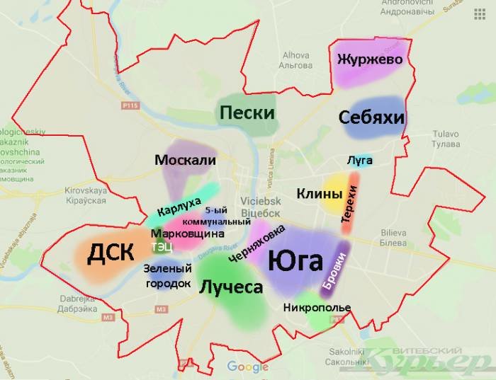 Народная» карта районов Витебска. Где находятся Москали, Клины и ДСК